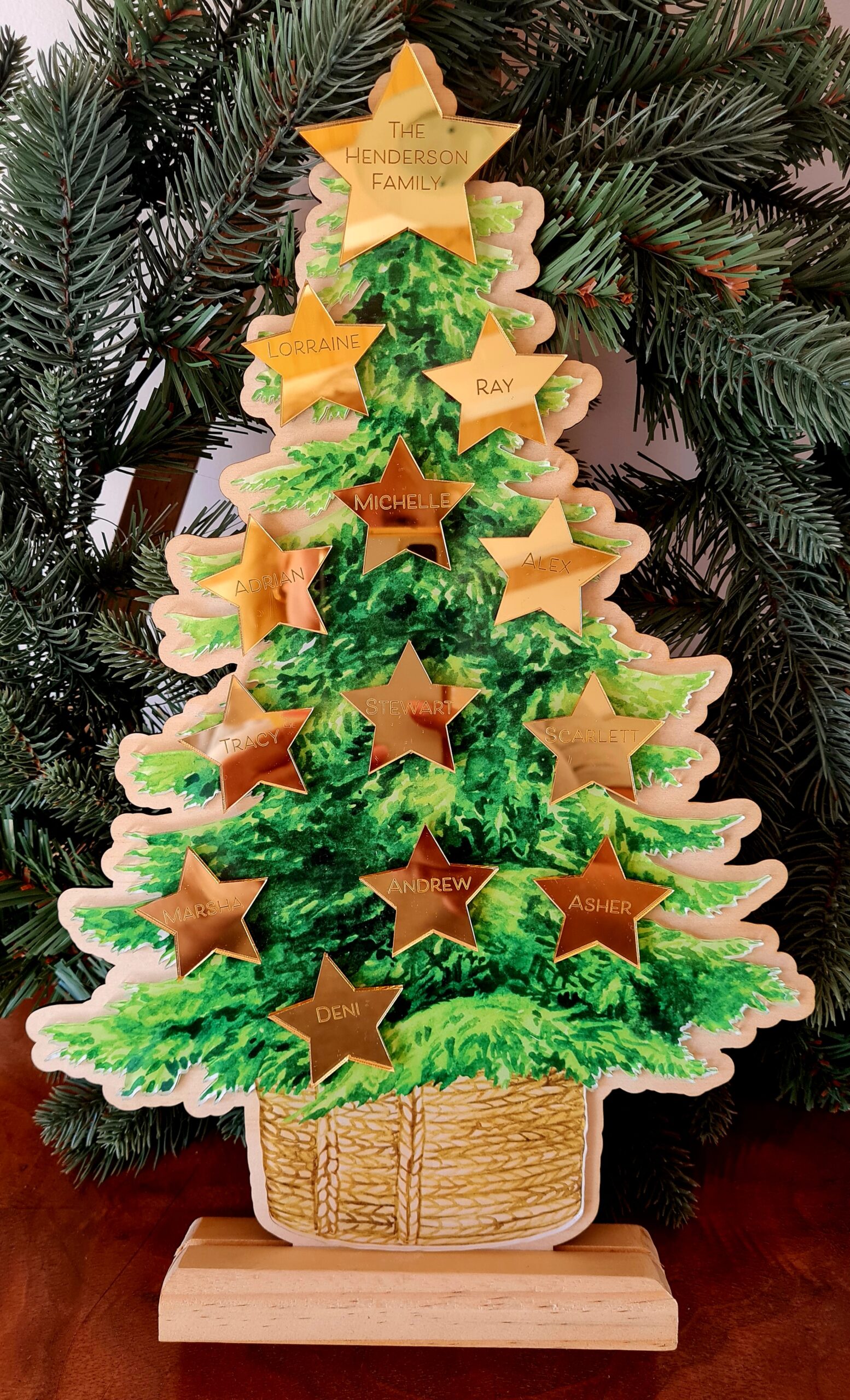 Printed Acrylic Green Tree Gold Stars
